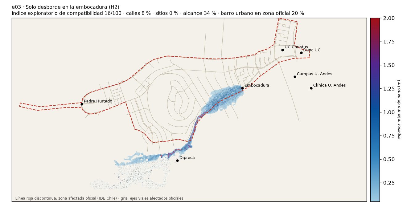 Mapa de la simulación e03: barro simulado sobre la zona afectada oficial.