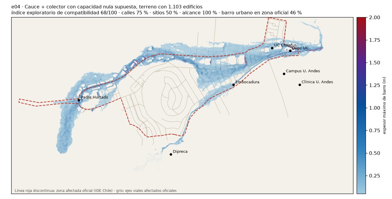 Mapa de la simulación e04: barro simulado sobre la zona afectada oficial.