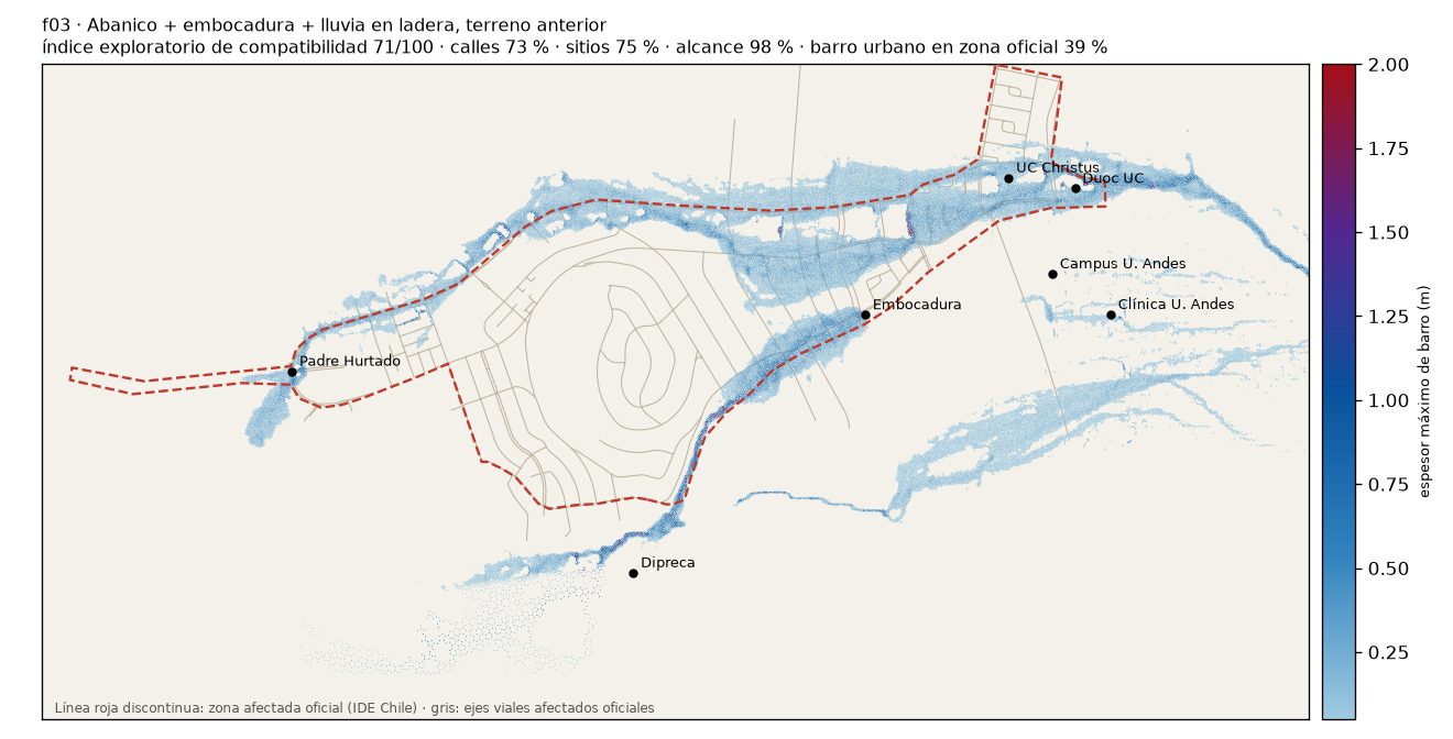 Mapa de la simulación f03: barro simulado sobre la zona afectada oficial.