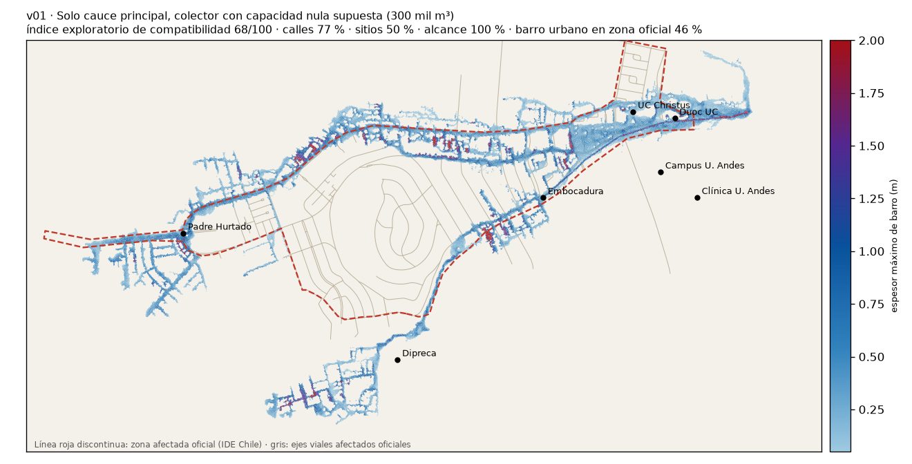 Mapa de la simulación v01: barro simulado sobre la zona afectada oficial.