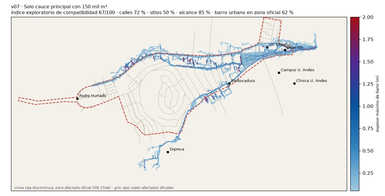 Mapa de la simulación v07: barro simulado sobre la zona afectada oficial.