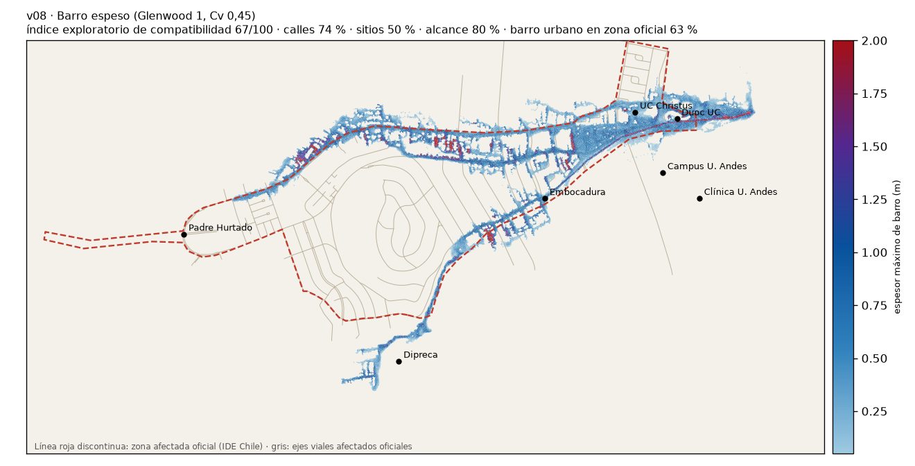 Mapa de la simulación v08: barro simulado sobre la zona afectada oficial.
