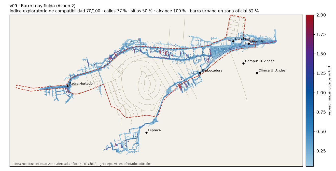Mapa de la simulación v09: barro simulado sobre la zona afectada oficial.