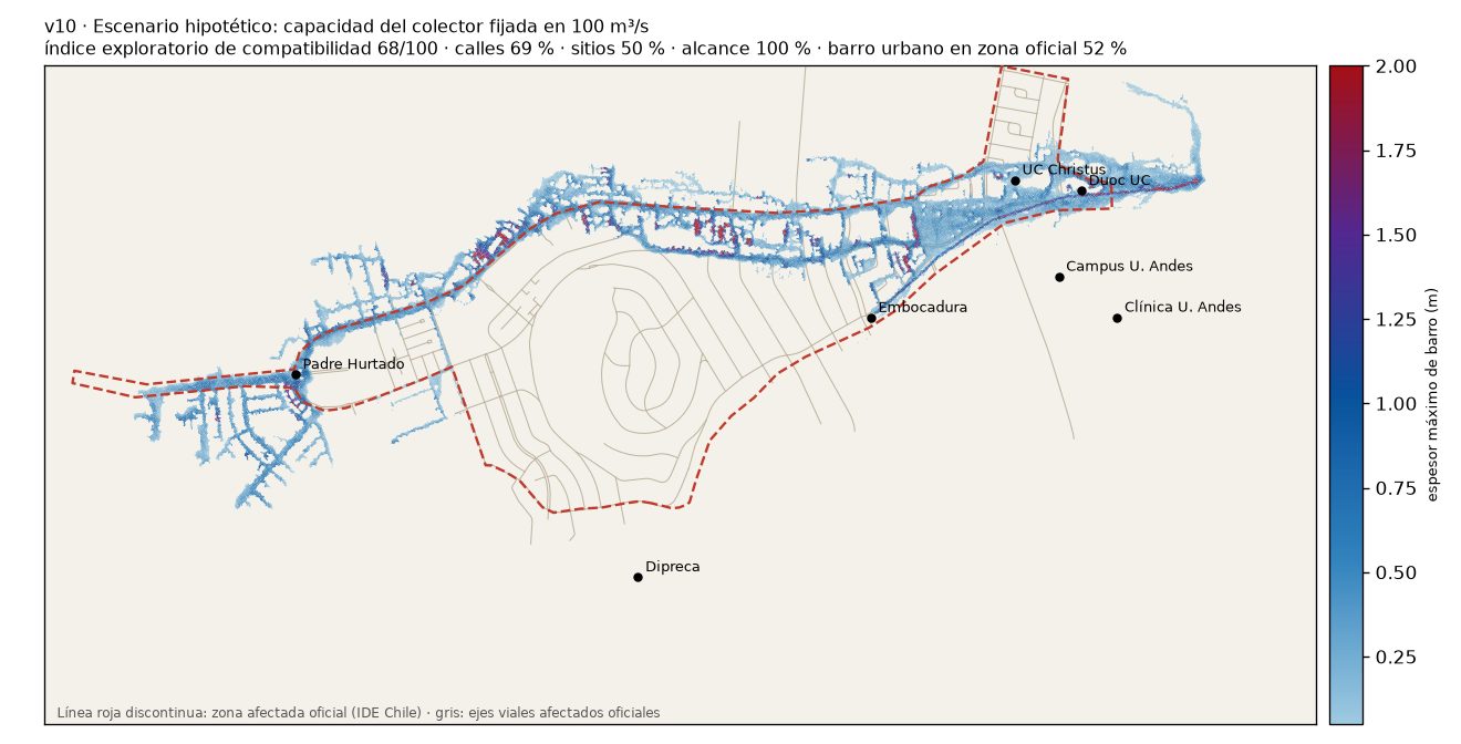 Mapa de la simulación v10: barro simulado sobre la zona afectada oficial.