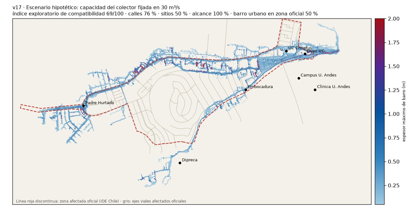 Mapa de la simulación v17: barro simulado sobre la zona afectada oficial.