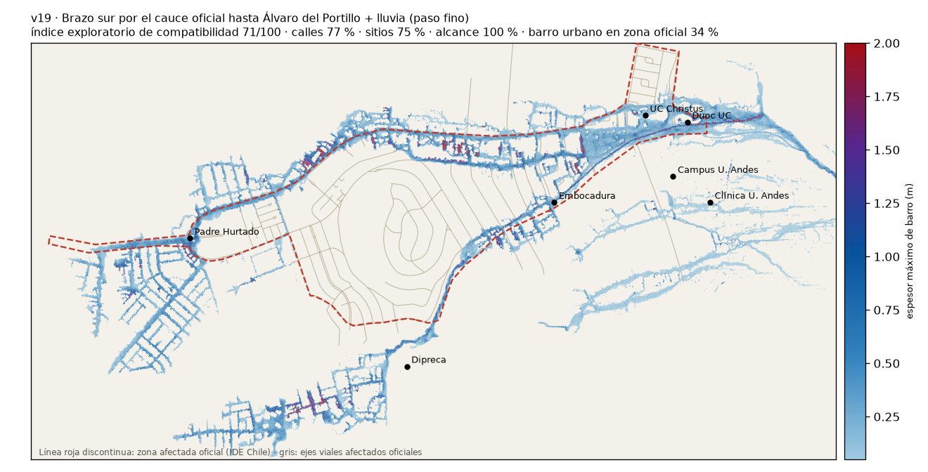 Mapa de la simulación v19: barro simulado sobre la zona afectada oficial.