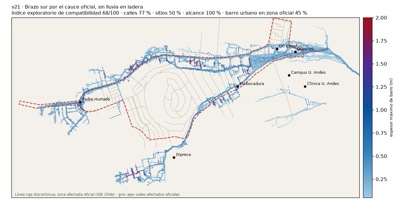 Mapa de la simulación v21: barro simulado sobre la zona afectada oficial.