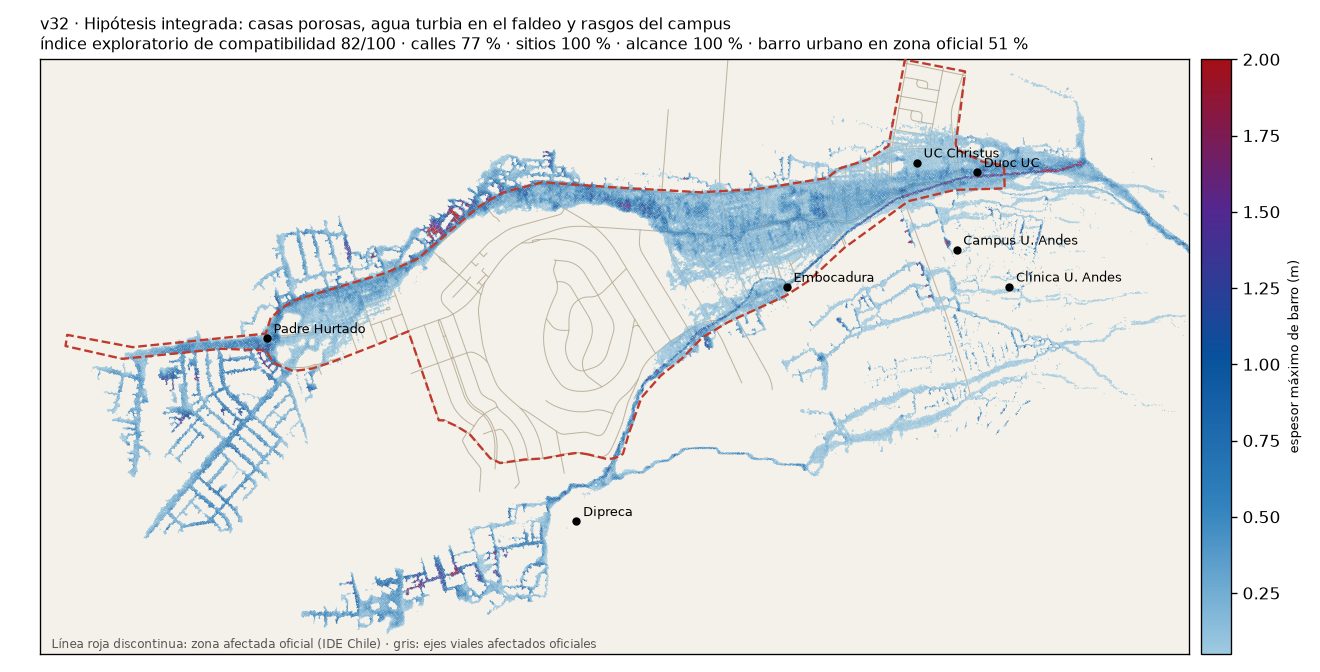 Mapa de la simulación v32: barro simulado sobre la zona afectada oficial.