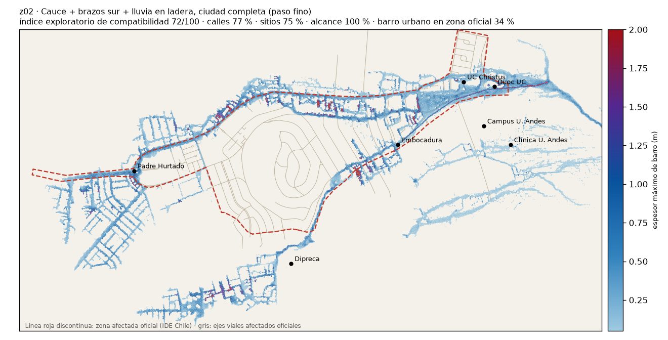 Mapa de la simulación z02: barro simulado sobre la zona afectada oficial.