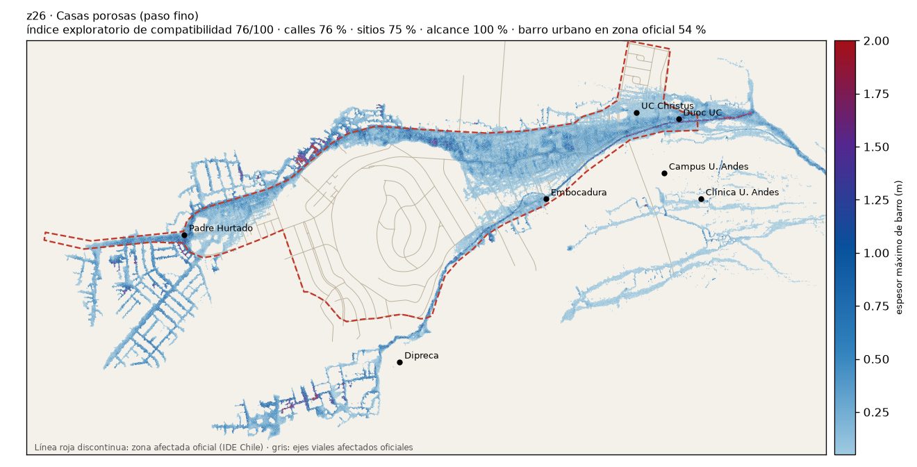Mapa de la simulación z26: barro simulado sobre la zona afectada oficial.