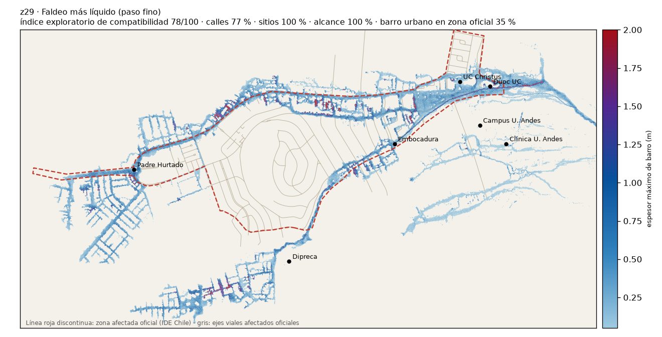 Mapa de la simulación z29: barro simulado sobre la zona afectada oficial.